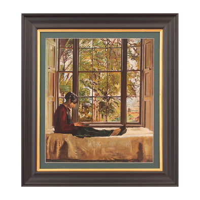 Print of Irish artist Seán Keating’s 1924 work The Window in a matt black frame with gold leaf slip. Young woman in a window seat. art wall art, fine art print, wall print, framed art print, framed wall art, unique art work. Irish art.
