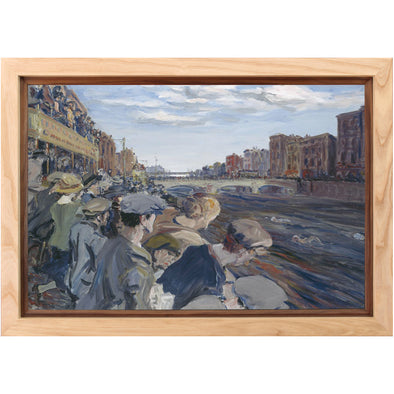 Jack B.Yeats depiction of this longstanding Dublin event encapsulates the excitement of the crowd, the movement of the Liffey and the swimmers within it.

A National Gallery of Ireland print framed in a large handmade ash wood frame, waxed and completed with a french polished walnut slip and real glass glazing