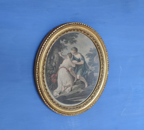 Antique Print. Paris and Oenone small oval  in gilt frame  Excellent condition for age. Some minor wear on the frame.