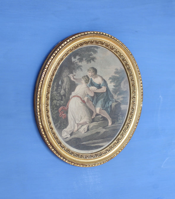 Antique Print. Paris and Oenone small oval  in gilt frame  Excellent condition for age. Some minor wear on the frame.