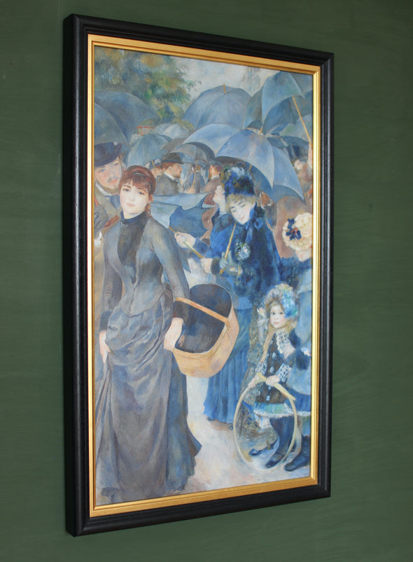 UK National Gallery canvas of Les Parapluies stretched and framed here at Gallery33.  A&nbsp;modest bullnose moulding frame with an ebonised finish showing&nbsp; the wood's grain