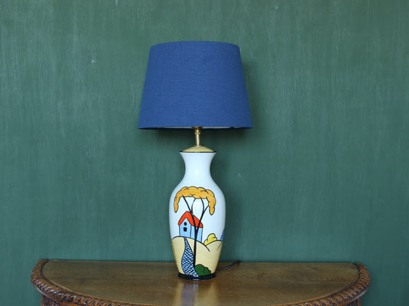 Brian Wood Ceramic Lamp  Uniquely graphic handmade ceramic lamp that draws the eye and attention immediately.&nbsp; Great balance of colour and a superb shape.  All new fittings and braided flex. Brand new blue cotton shade.&nbsp;