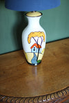 Brian Wood Ceramic Lamp  Uniquely graphic handmade ceramic lamp that draws the eye and attention immediately.&nbsp; Great balance of colour and a superb shape.  All new fittings and braided flex. Brand new blue cotton shade.&nbsp;
