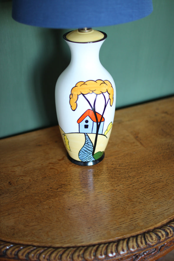 Brian Wood Ceramic Lamp  Uniquely graphic handmade ceramic lamp that draws the eye and attention immediately.&nbsp; Great balance of colour and a superb shape.  All new fittings and braided flex. Brand new blue cotton shade.&nbsp;
